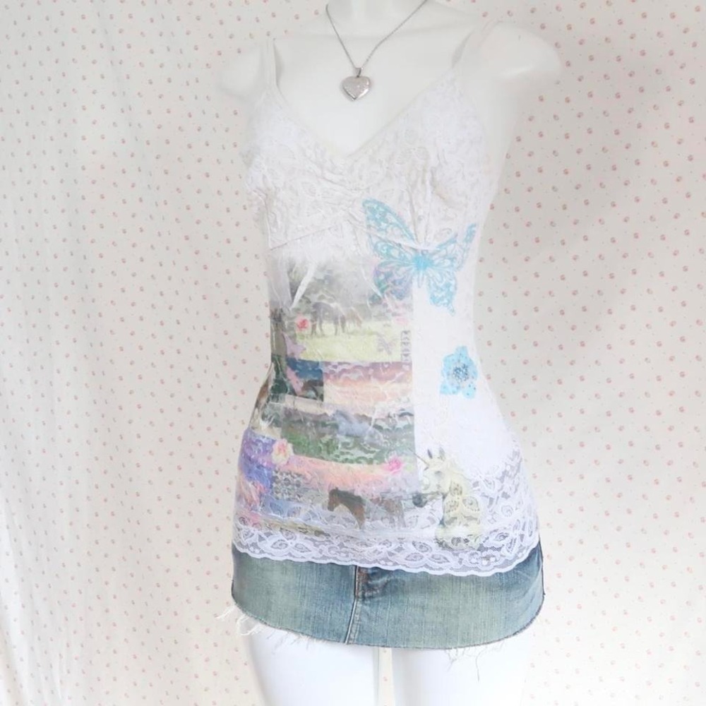 Vintage Y2K Sheer White Floral Lace Overlay Horse & Butterfly Cami